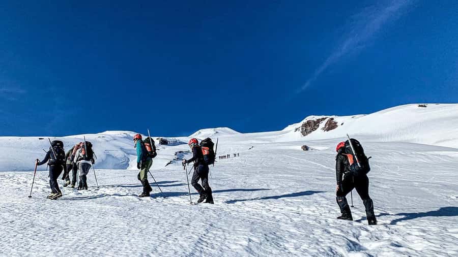 Ascent to Villarrica volcano 2,847masl, from Pucón - Summit time around 1:30 pm: views over Pucon, lakes, and crater activity